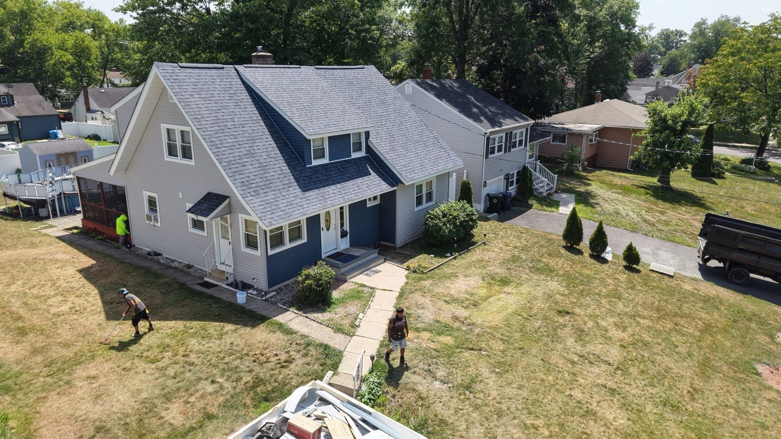 Completed roof restoration in Plainfield NJ, aerial view
